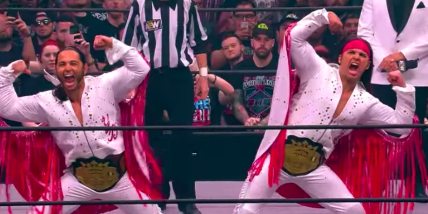 The Young Bucks do their signature pose at the inaugural Double or Nothing Pay-per-view in 2019