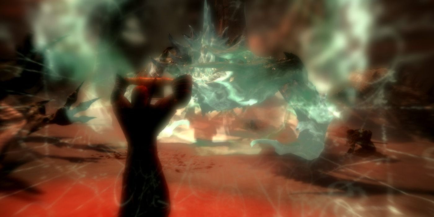 a mage casting a magic spell at a dragon