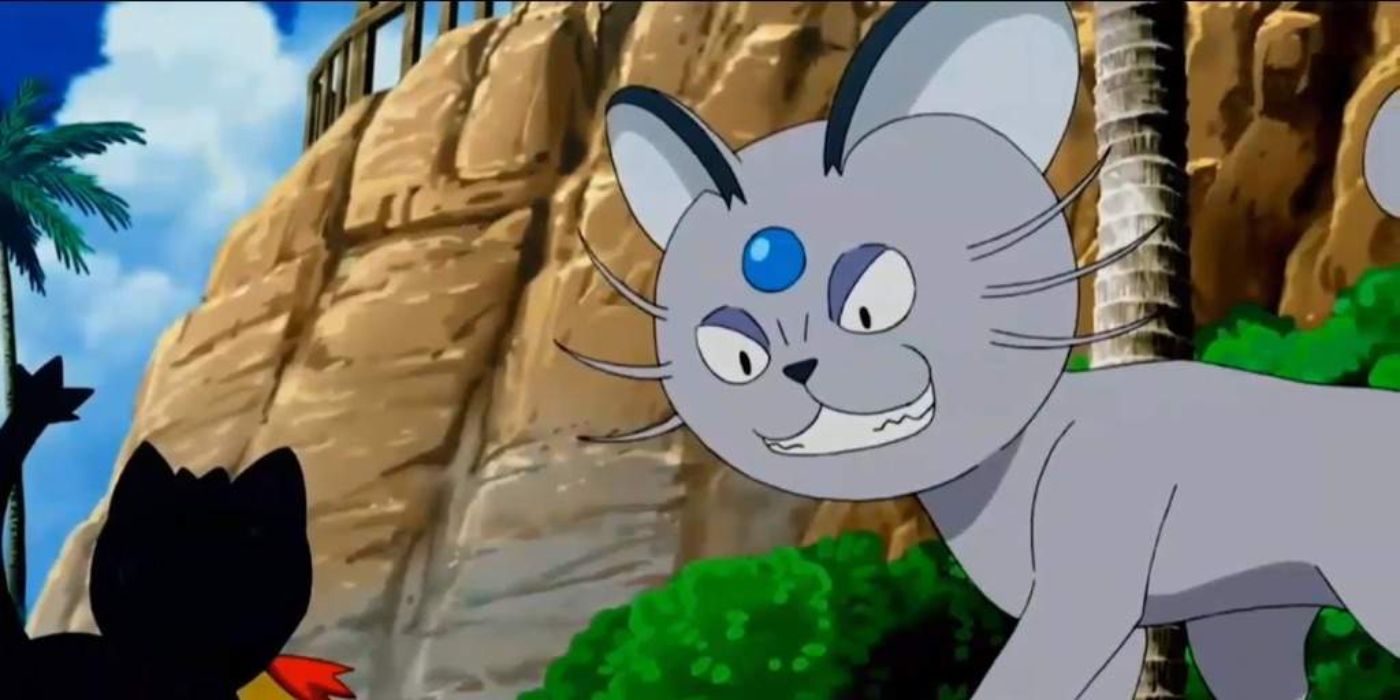 Nanu's Alolan Persian standing up to scare a small Litten in the Pokemon Sun & Moon anime