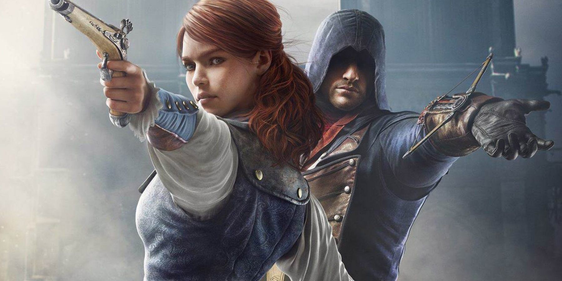 Assassins Creed Unity Elise and Arno stand with their weapons towards the reader
