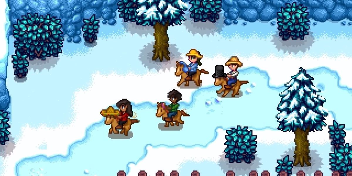 Four players riding their horses in the forest.