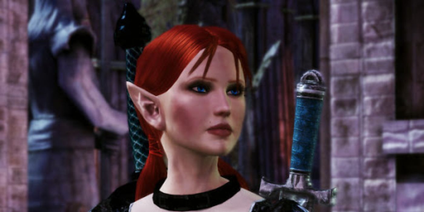 A female city elf warden awaits to be inducted into the grey wardens