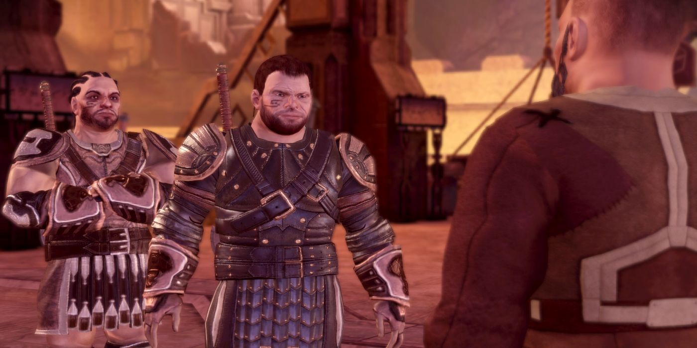 A male dwarf commoner (middle) refuses to be intimidated by a dwarf noble