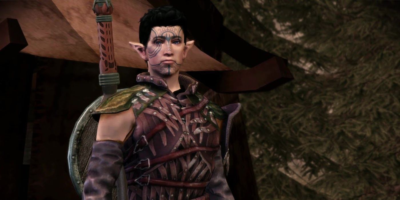 A male Dalish elf warden stands casually with his sword and shield behind him