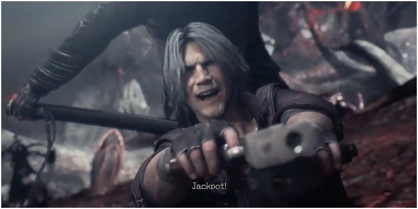 Devil May Cry 5 - Dante points his guns to the camera and says "Jackpot!"