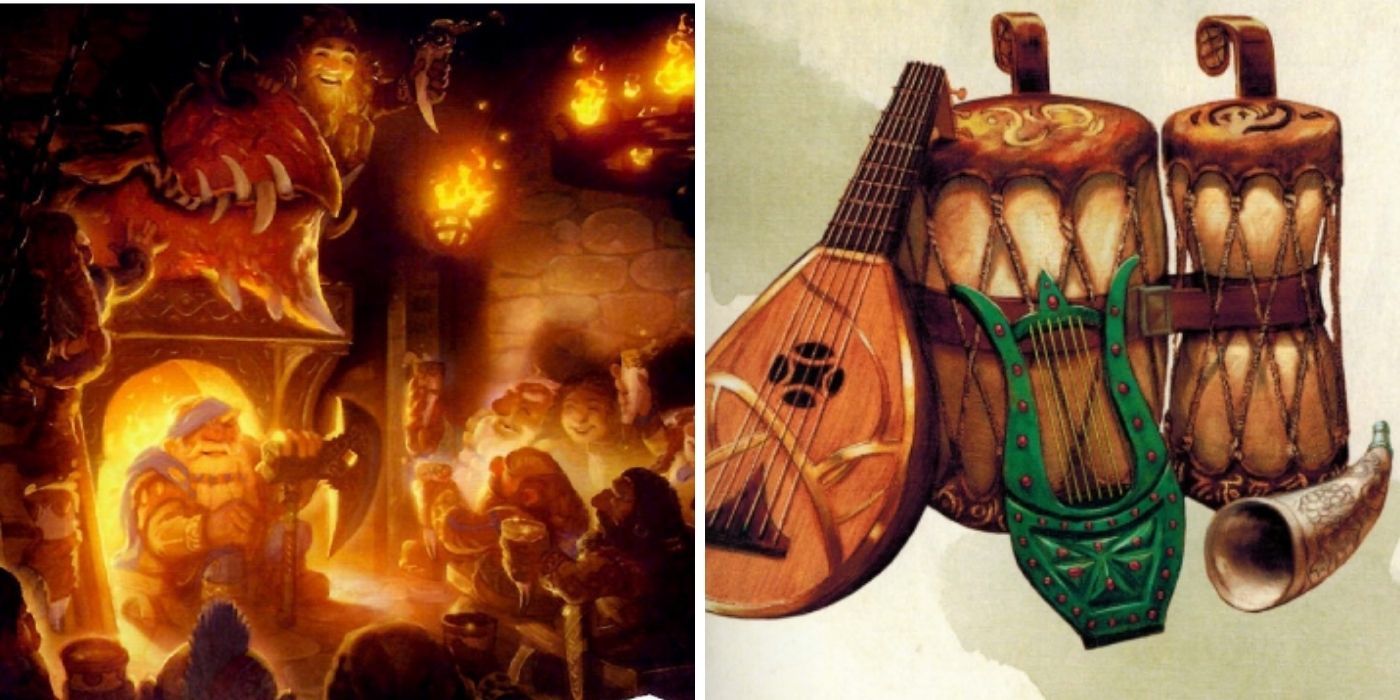 Dungeons and Dragons - Dwarves celebrating by a fireplace - A selection of Bard instruments