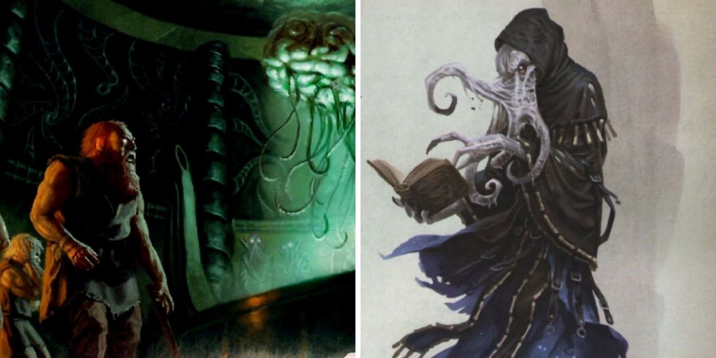 Dungeons and Dragons - Dwarves encountering Illithid - A mind flayer reading a book