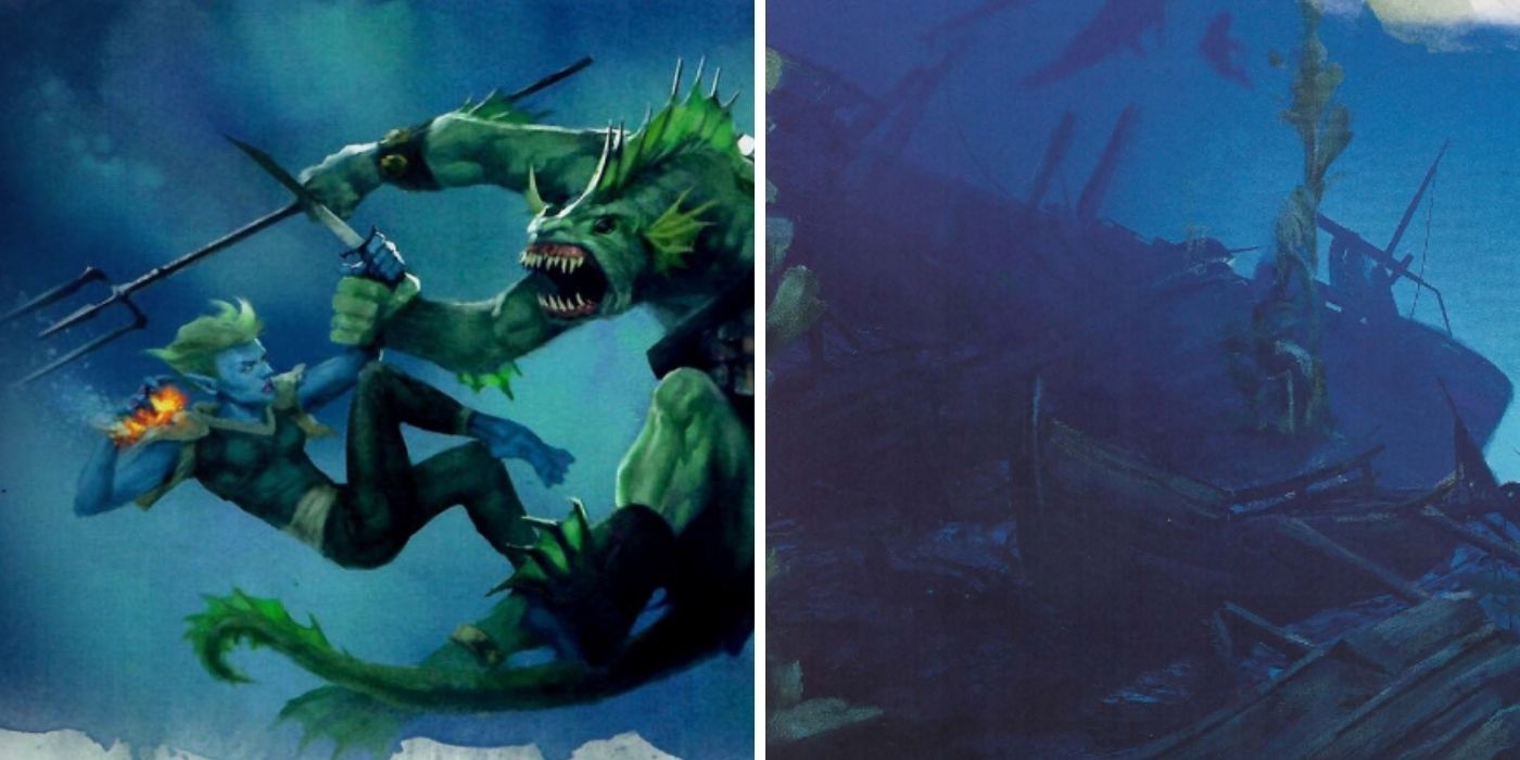 Dungeons and Dragons: Sea elf fighting a monster - A sunken ship