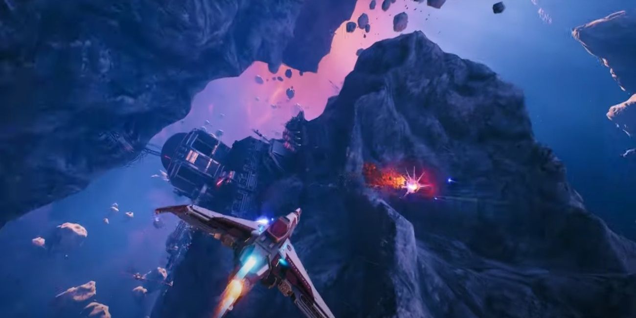 spaceship flying between asteroids in everspace 2