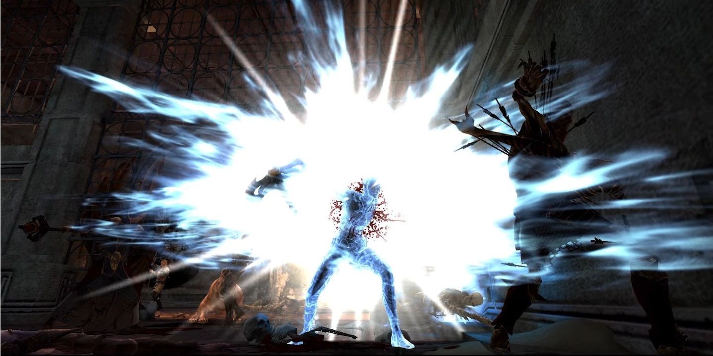 Dragon Age: Fenris the Blue Wraith using a magic explosion power from his markings