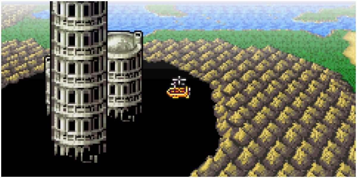 Final Fantasy 4 airship enterprise next to tower