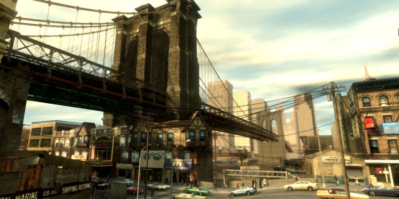 A look at the Broker Bridge, GTA 4's Brooklyn Bridge, as cars drive by below during the day