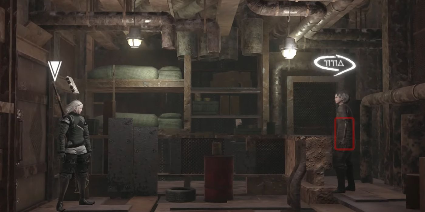 Nier Replicant V1.22: Nier Walking Into The Junk Heap And Seeing Gideon With His Replacement Arm