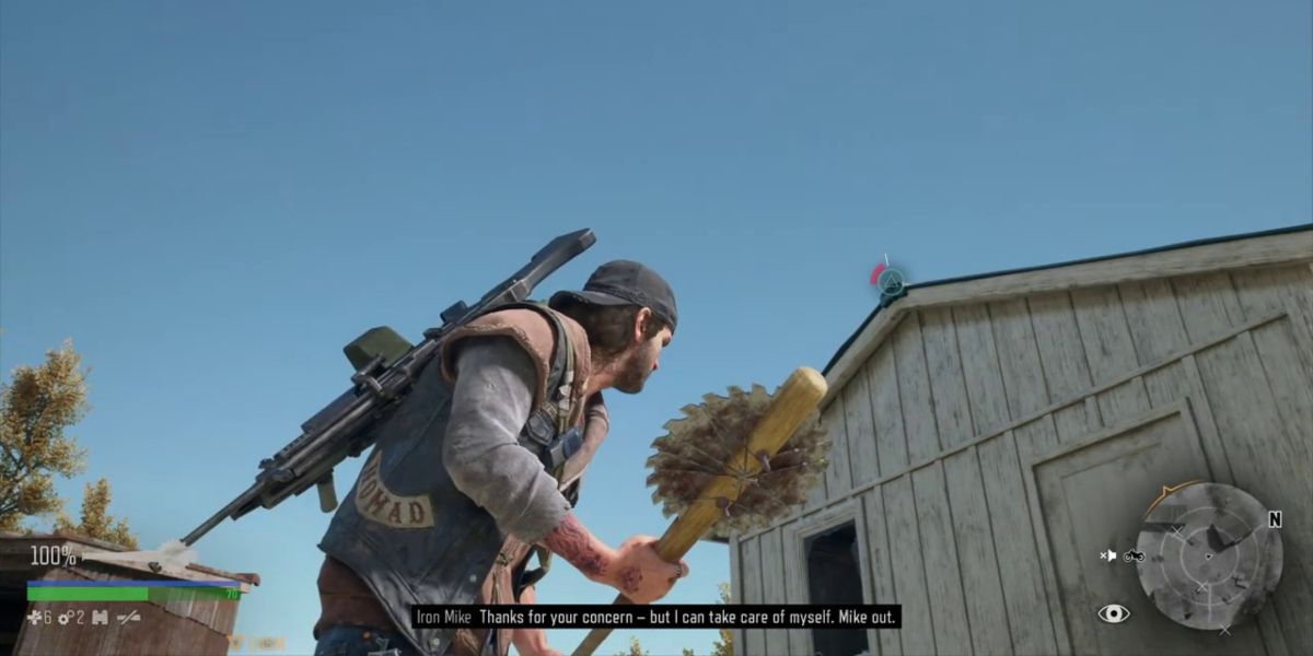 Deacon wields the bat axe crafted with a sawblade and scrap.