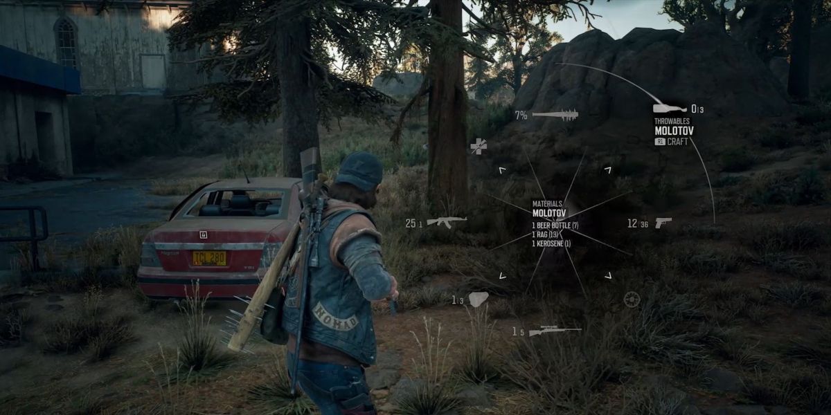 Deacon crafts a molotov from the survival wheel.