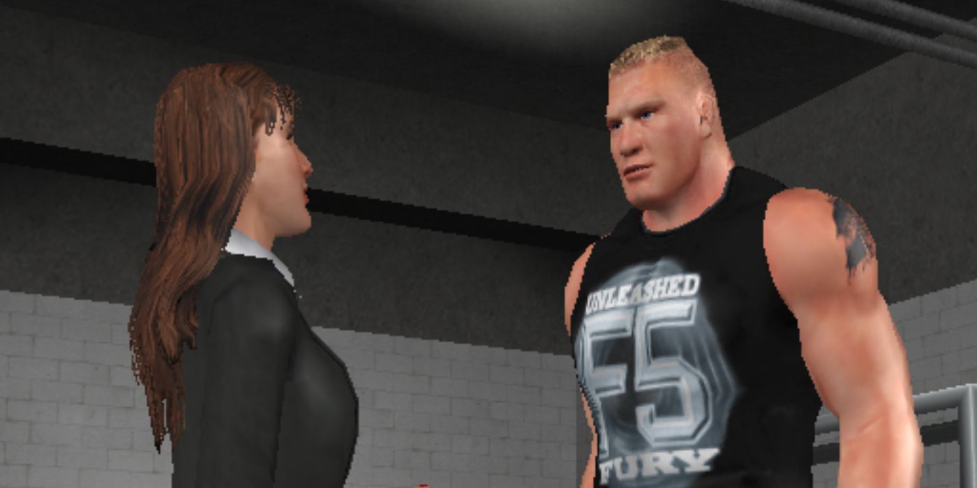 Stephanie McMahon (left) introduces herself to Brock Lesnar in SD HCTP's season mode