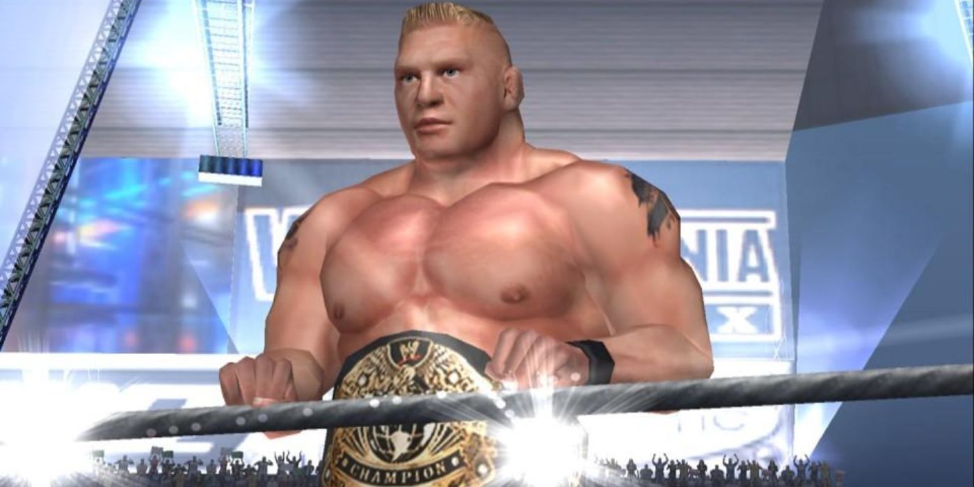 Brock Lesnar in the ring as WWE champion during his entrance in Smackdown Here Comes The Pain