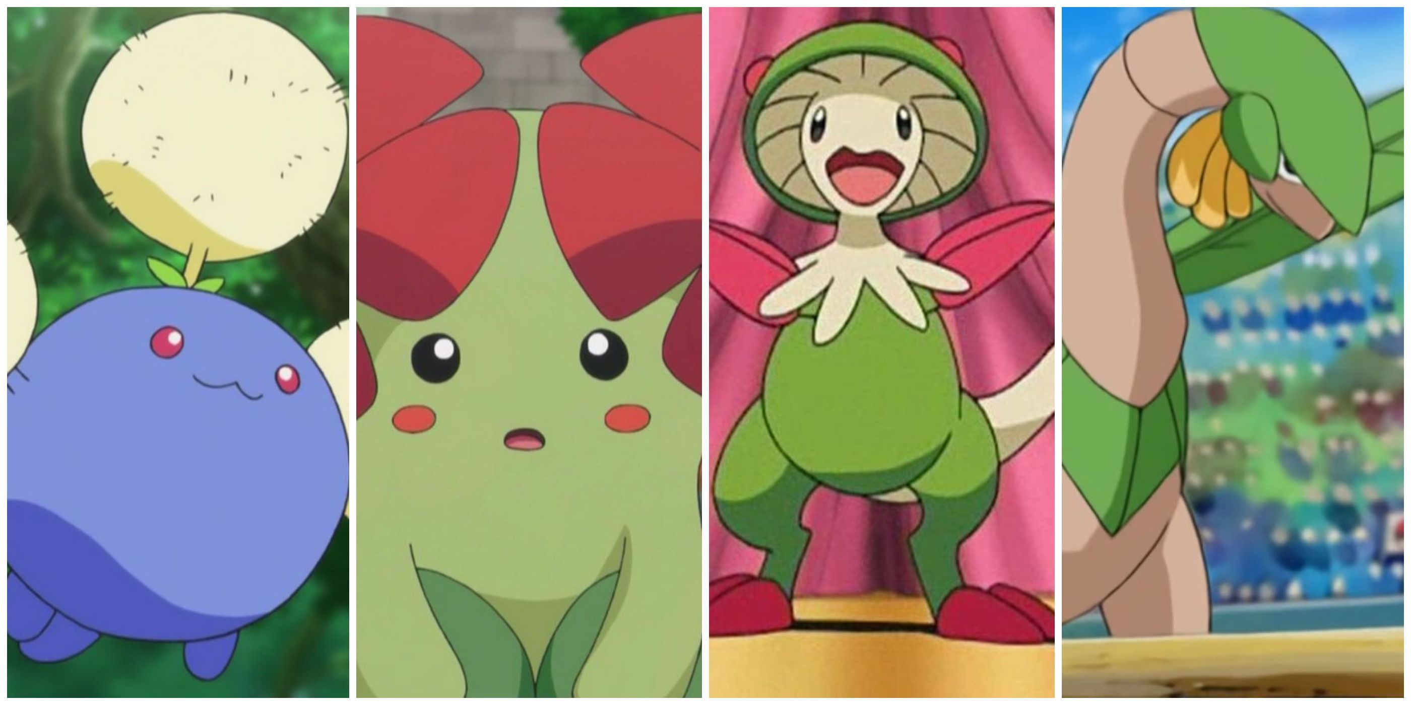Jumpluff, Bellossom, Breloom, and Tropius as they appear in the Pokemon anime