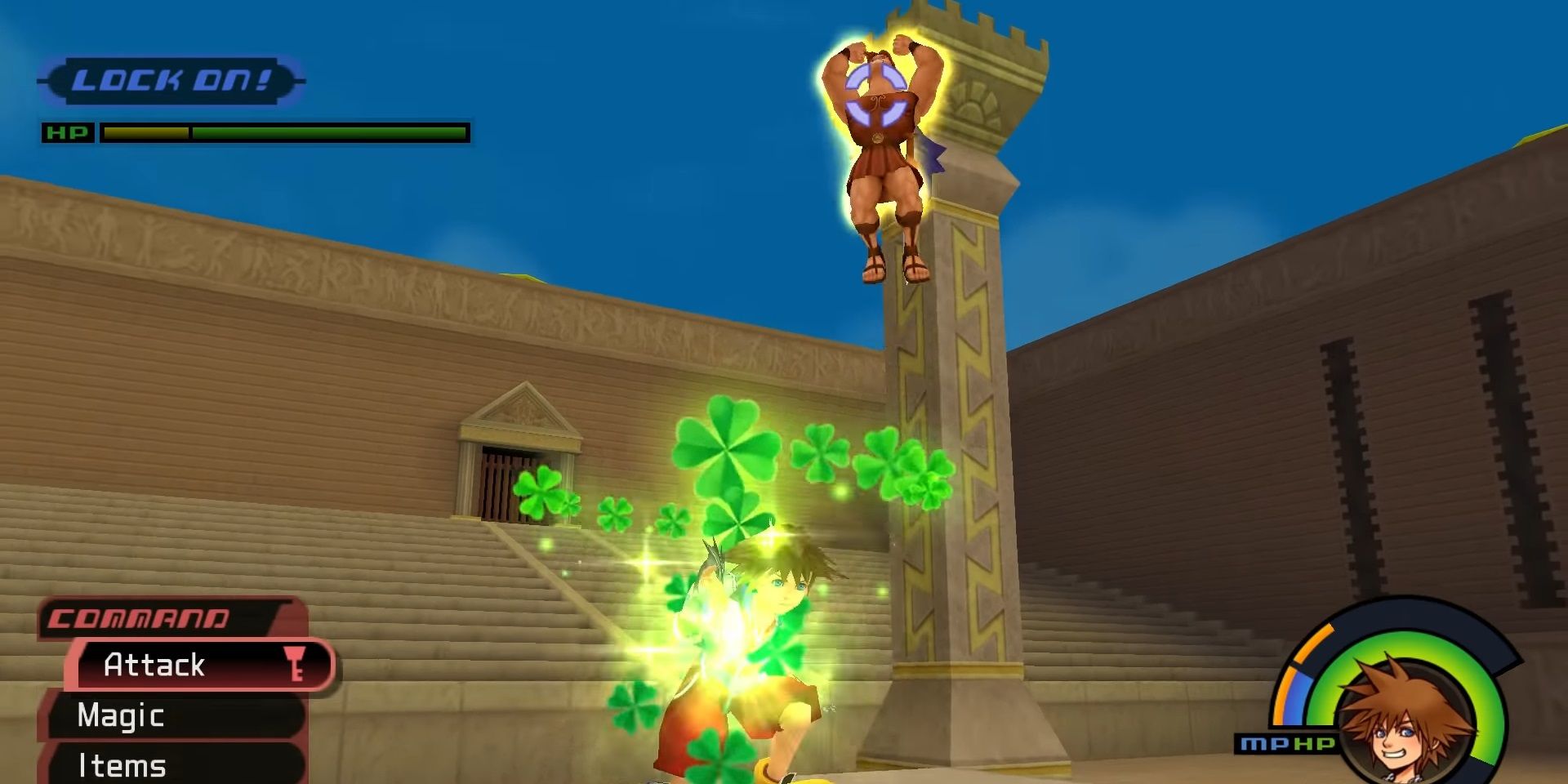 Kingdom Hearts - Hercules performing a jumping attack on Sora