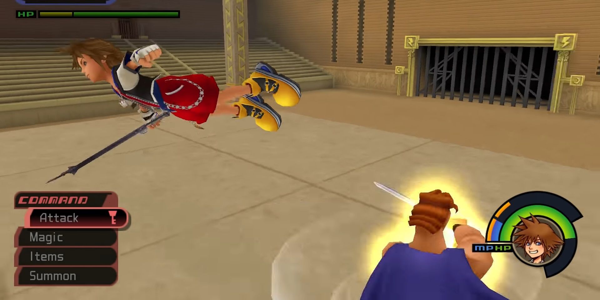 Kingdom Hearts - Sora flies to dodge Hercules' spinning attack