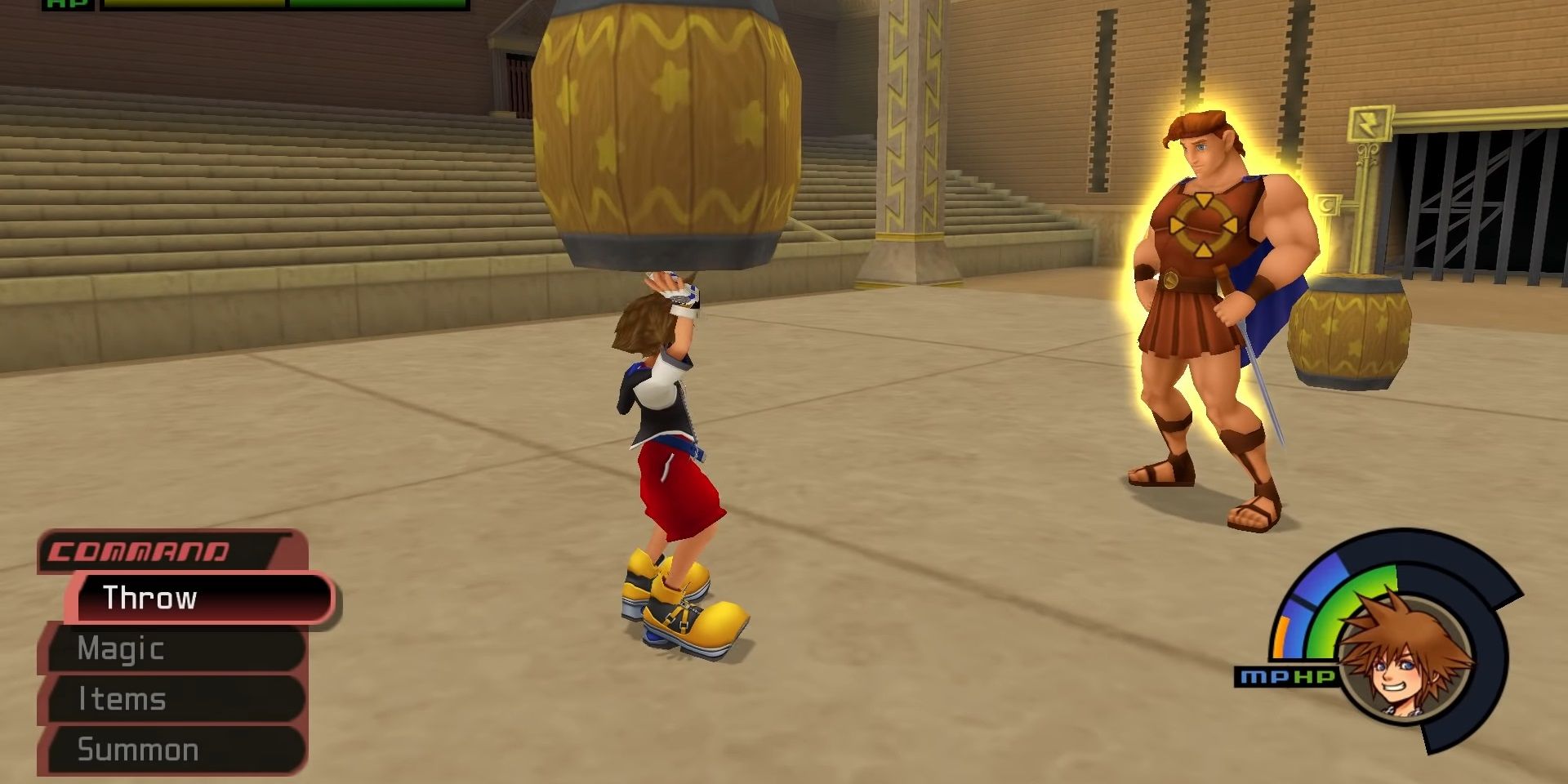 Kingdom Hearts - Sora ready to throw a barrel on Hercules
