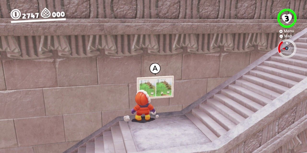 Mario standing in front of Lake Kingdom Hint Art