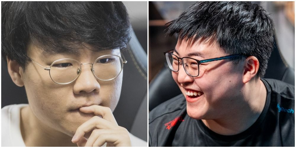 League Of Legends RNG Zero Contemplating Hands To Mouth Before Game Uzi Smiling Without Headset On Looking Over At Teammate
