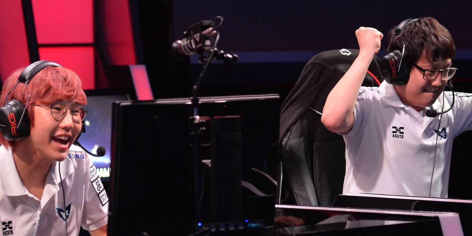 League Of Legends imp and mata after winning world championship imp yelling passionately and mata cheering happily