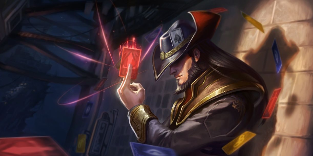 League Of Legends Twisted Fate Holding Red Card While Leaning Up Against The Wall and Other Card Around Him