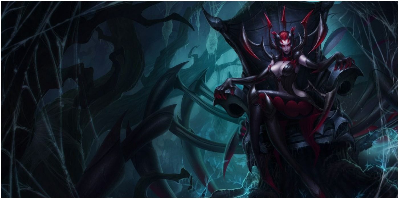 Splash art of Elise sitting in a throne from League of Legends