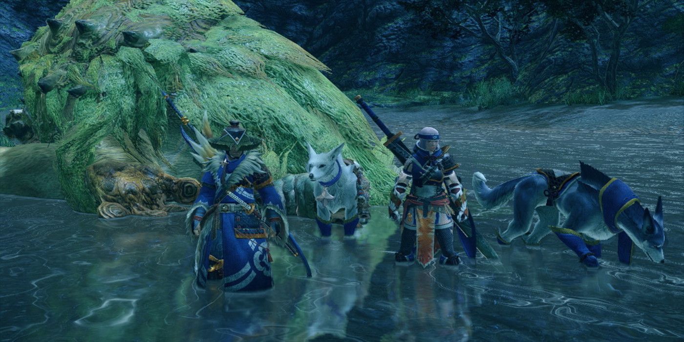 Hunters standing by a dead Tetranodon