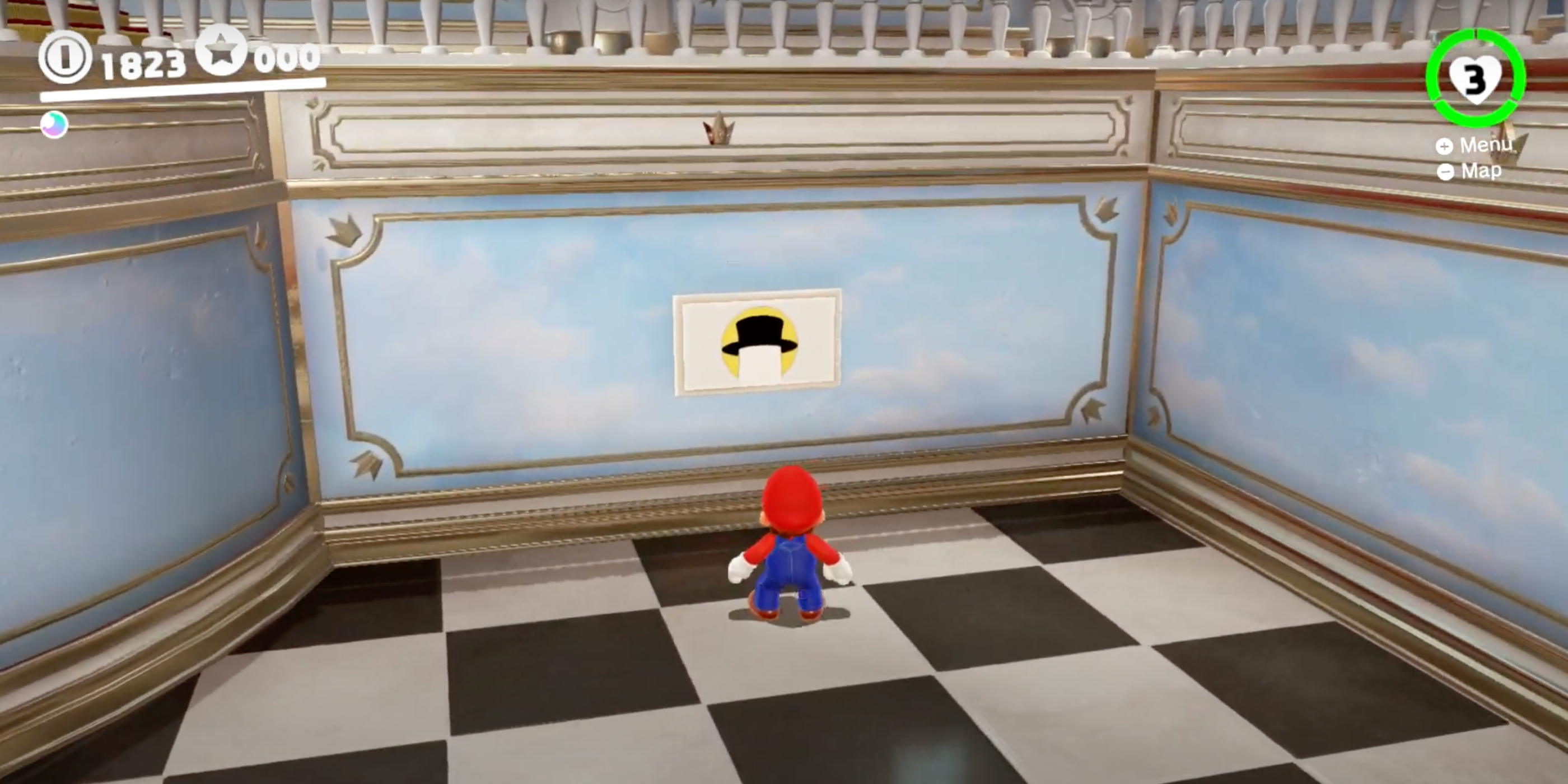 Mario near the Mushroom Kingdom Hint Art
