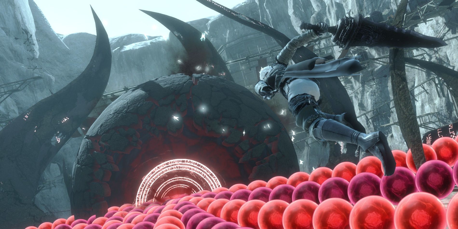 The main protagonist dodging orbs in NieR Replicant ver.1.2247487139...