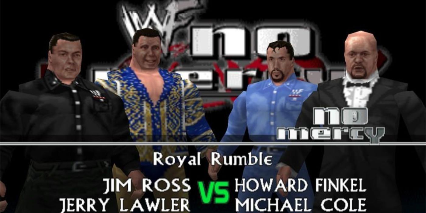 Commentators Jim Ross and Jerry Lawler vs. Michael Cole and Howard Finkel as actual roster characters on the pre-match screen in WWF No Mercy