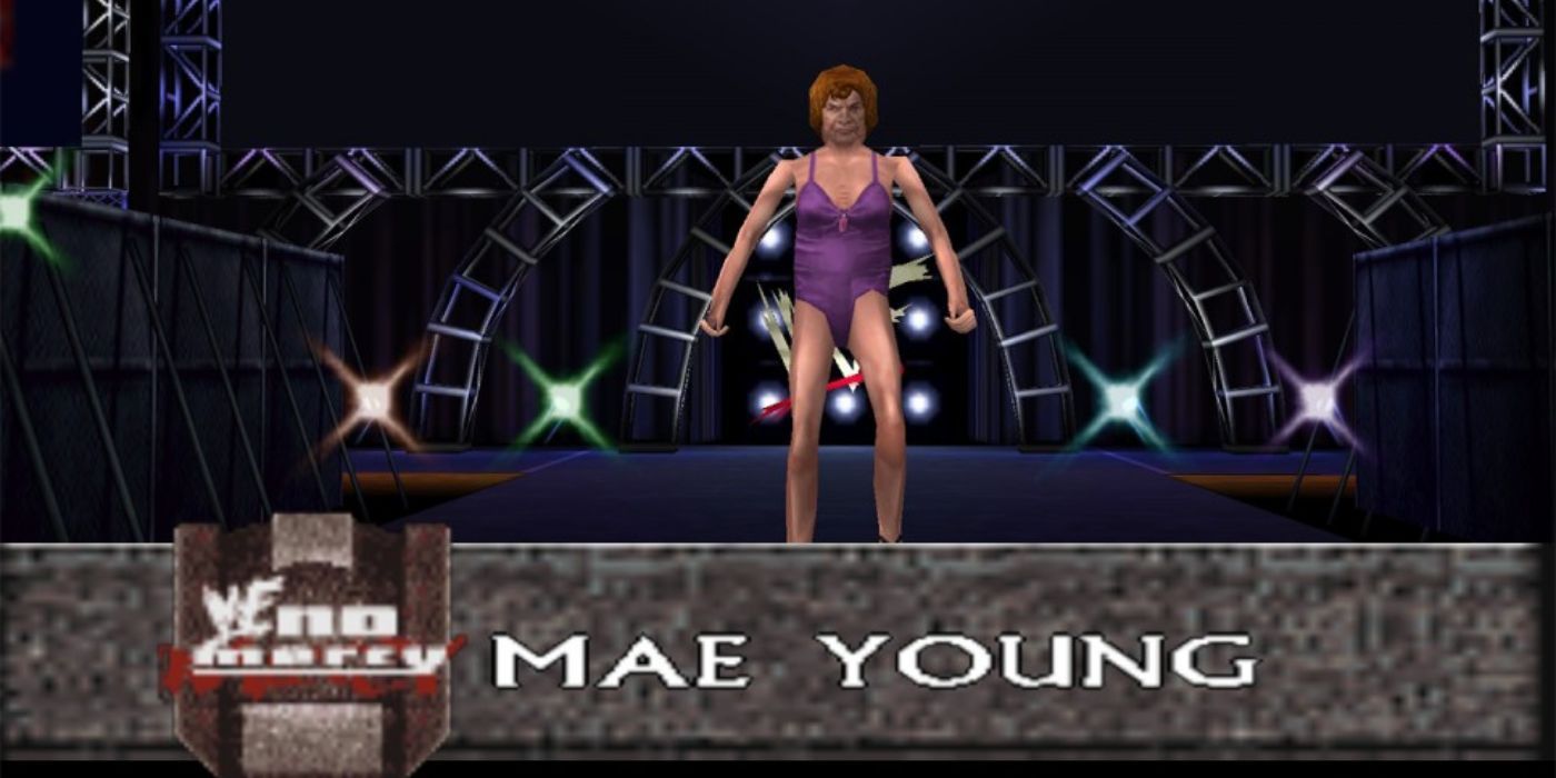 Mae Young makes her way to the ring in a one piece bikini in WWF No Mercy