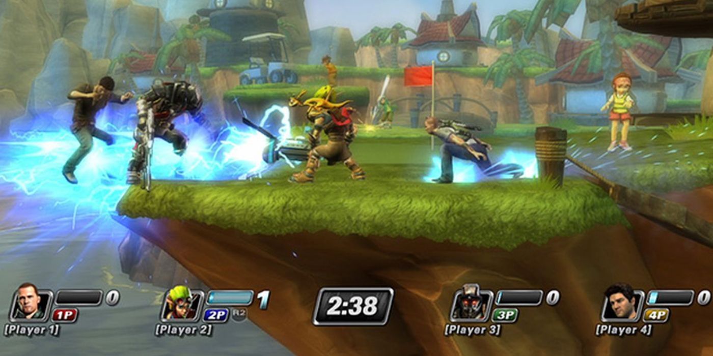 A PS All Stars Battle Royale Match between Infamous' Cole McGrath, Jak, Killzone's General Radec and Uncharted's Nathan Drake