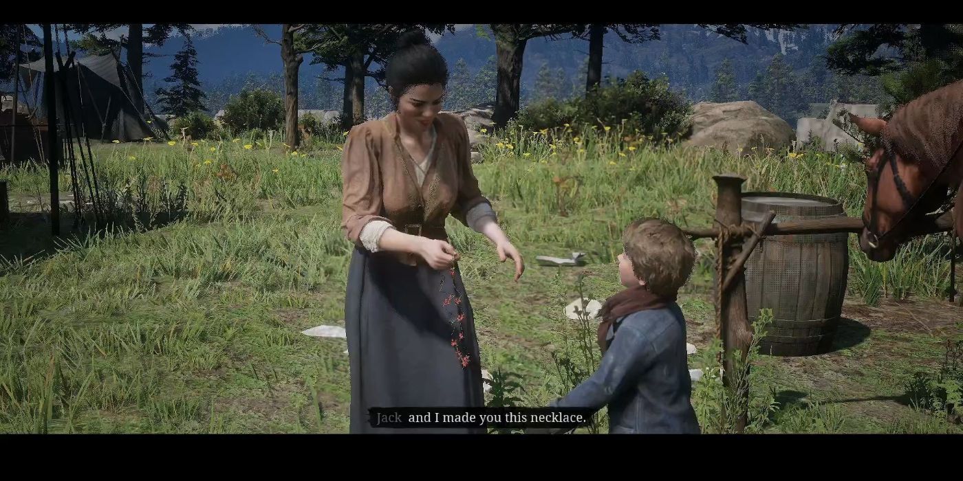 A young Jack Marston (right) gives his mom a necklace he made