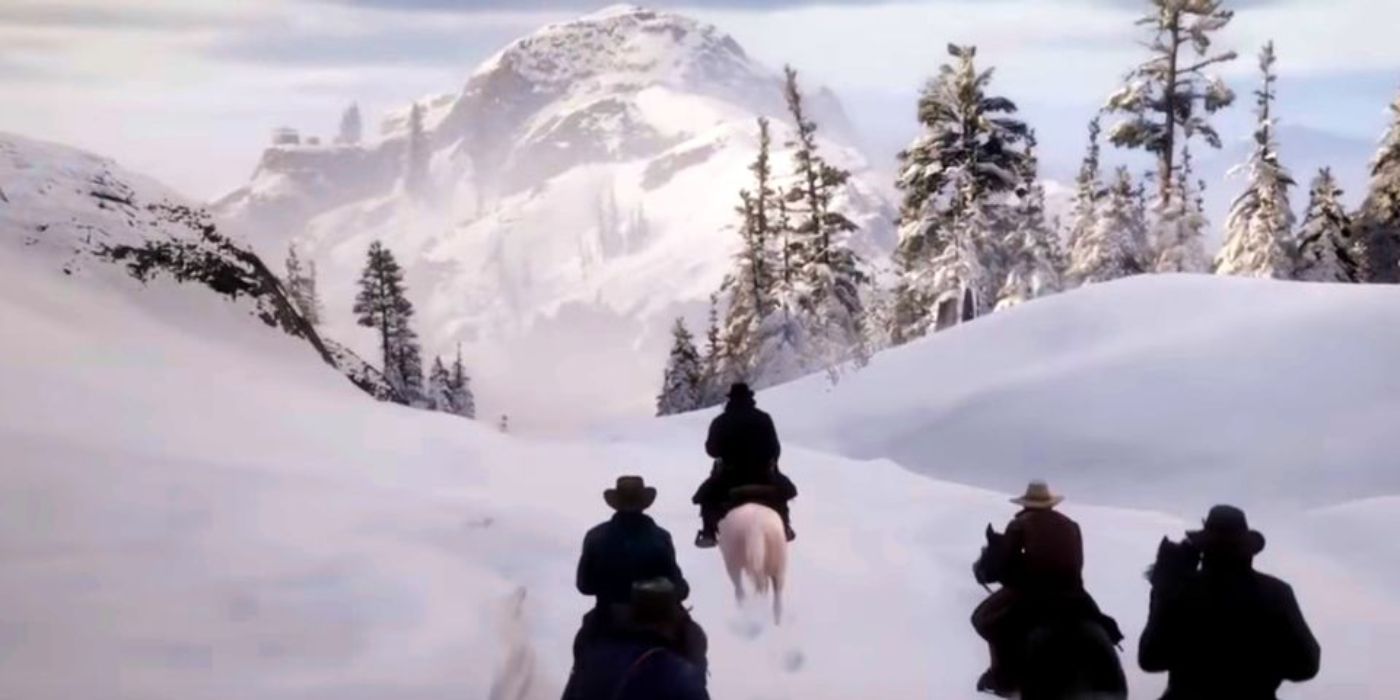 The gang rides to rob a train as the cabin from RDR 2's finale looms in the background
