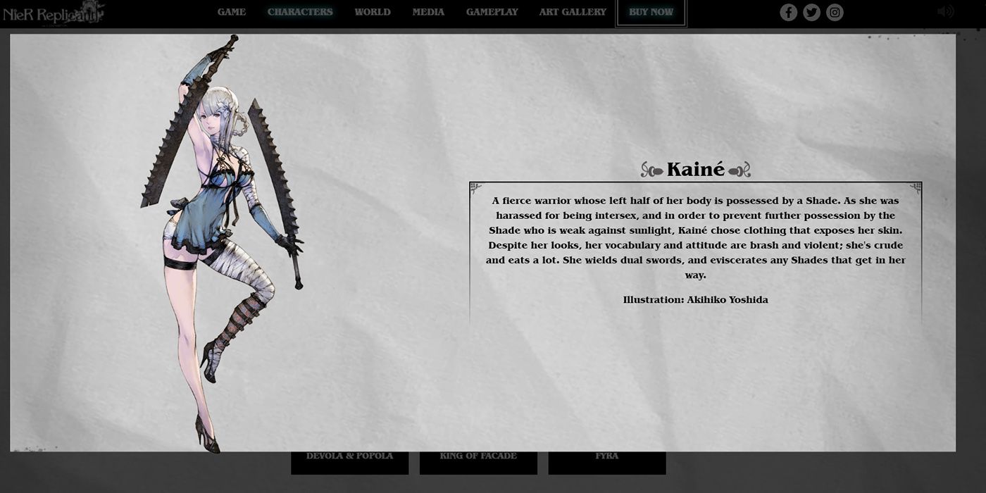 Nier Replicant v1.22: Kaine's Character Description On The Official Nier Website