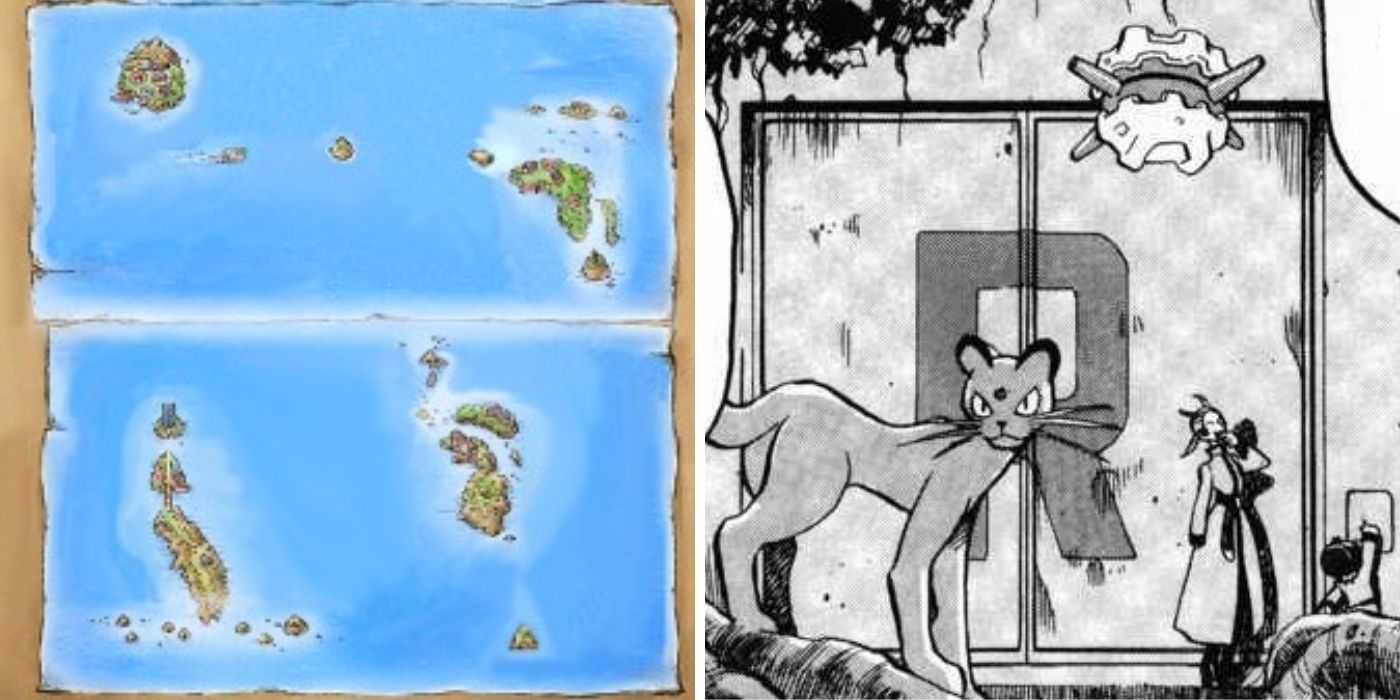 A Map of the Sevii Islands and a page from the manga of the rocket warehouse