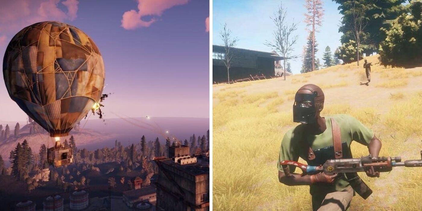 Rust - A hot air balloon being shot at - Players holding guns running through a field