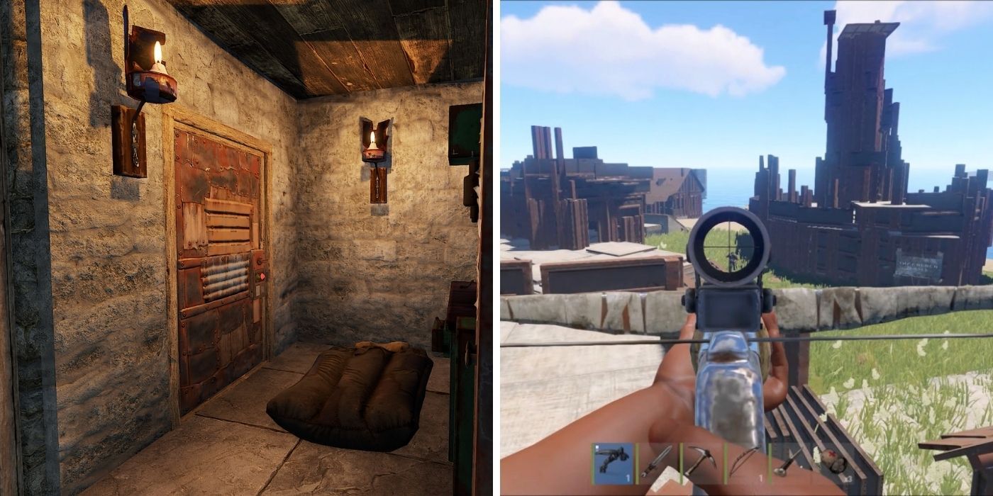 Rust - A sleeping bag near the door of a base - A player aiming through the scope of a gun