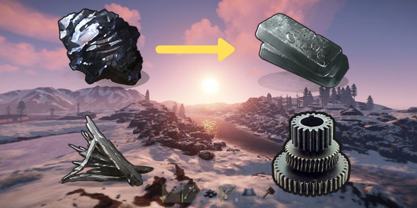 Rust: High-quality metal ore, High-quality metal bars, Scrap metal, a Gear - An Arctic biome background
