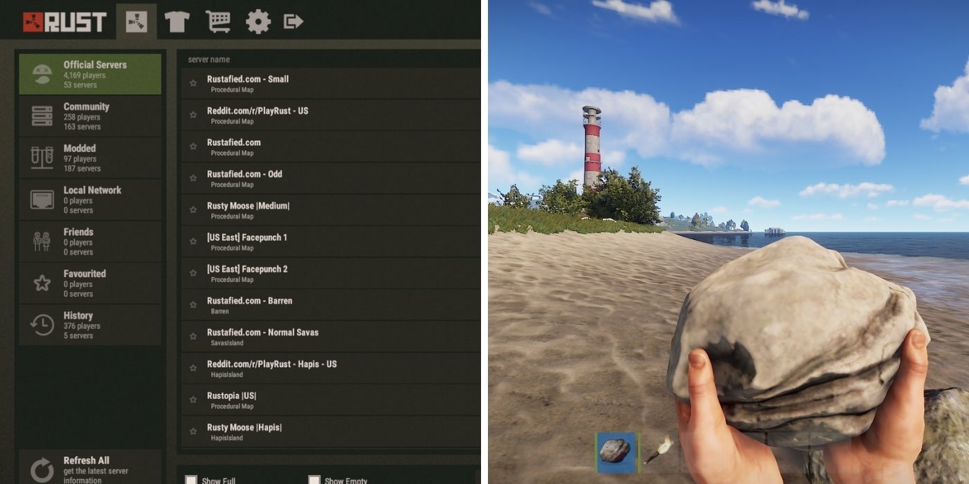 Rust - List of servers - A player holding a rock on the coastline