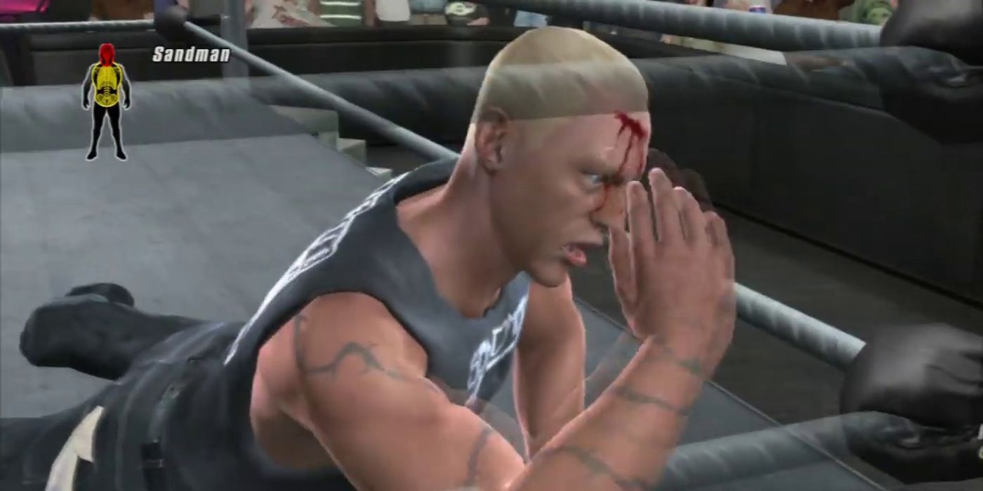 The sandman bleeds from the head during a match in SD vs. Raw 2008