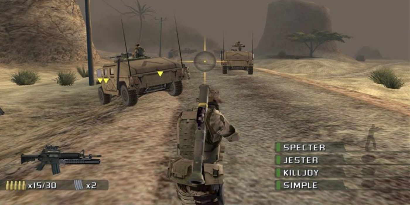 SOCOM U.S Navy Seals 1 character Specter walks down a road in the desert with vehicles in front of him