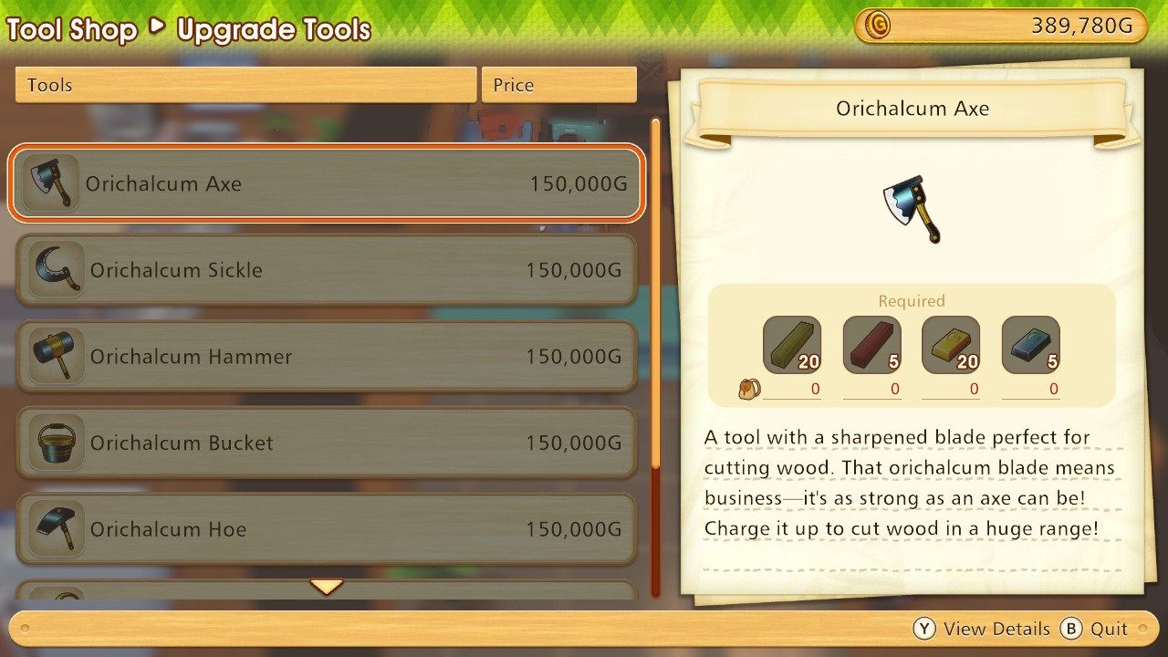 Story of Seasons Pioneers of Olive Town Orichalcum Tool Upgrades