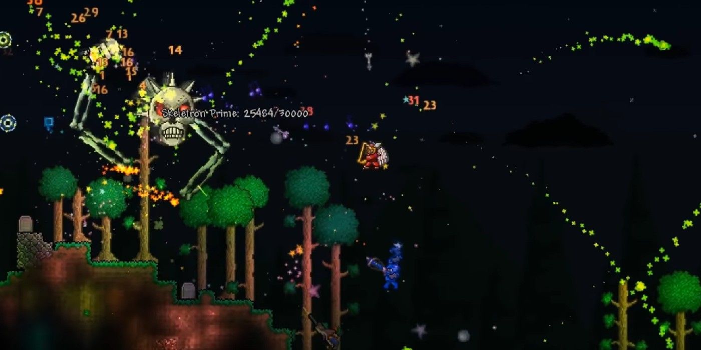 terraria skeletron prime battle with flames