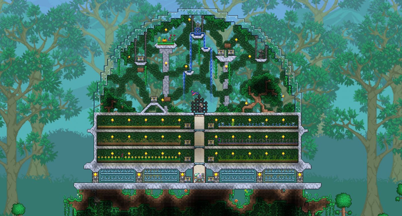 A screenshot of a herb garden inside a mossy dome in Terraria. There are mutliple levels of clay pots filled with herbs which then opens up at the top to beautiful dome with a cascading waterfall and mossy vines.
