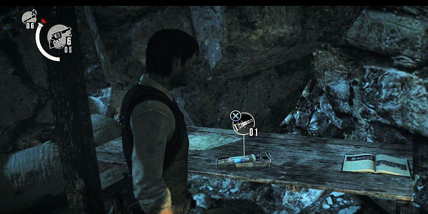 Sebastian coming across a health syringe with minor damage